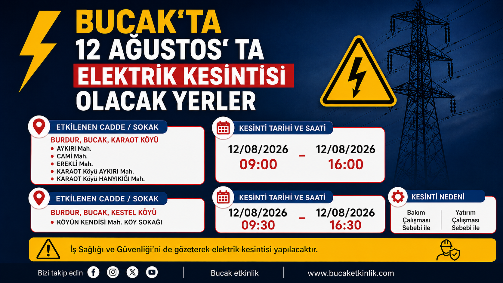 Bucak İlçesinde 12 Ağustos Elektrik Kesintisi Yerleri
